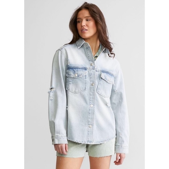 Signature 8 Distressed Denim Shacket - Picture 1 of 10